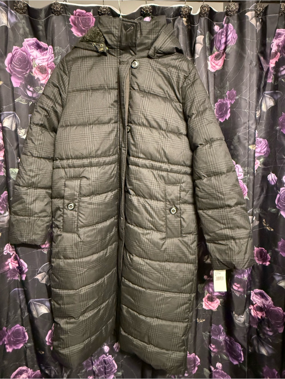 Barbour Dark Charcoal Plaid Long Quilted Hooded Puffer Coat. Size UK14/US10
